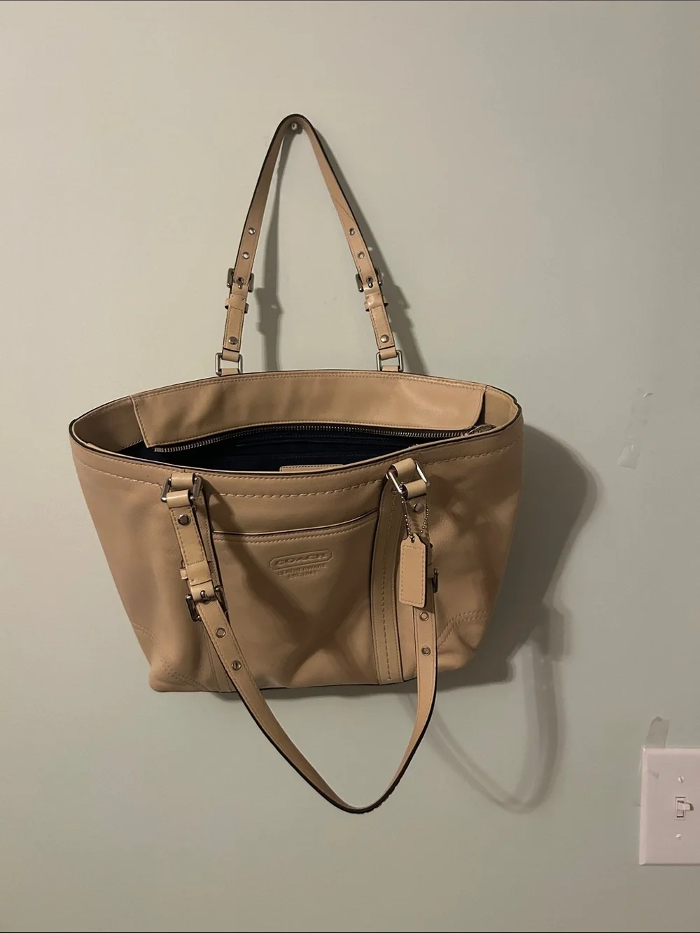 Coach Cream Pebbled Leather Tote with Logo Tag
